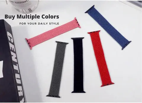 Colorful braided elastic bands for Apple Watch, stylish and comfortable replacement straps in multiple colors.