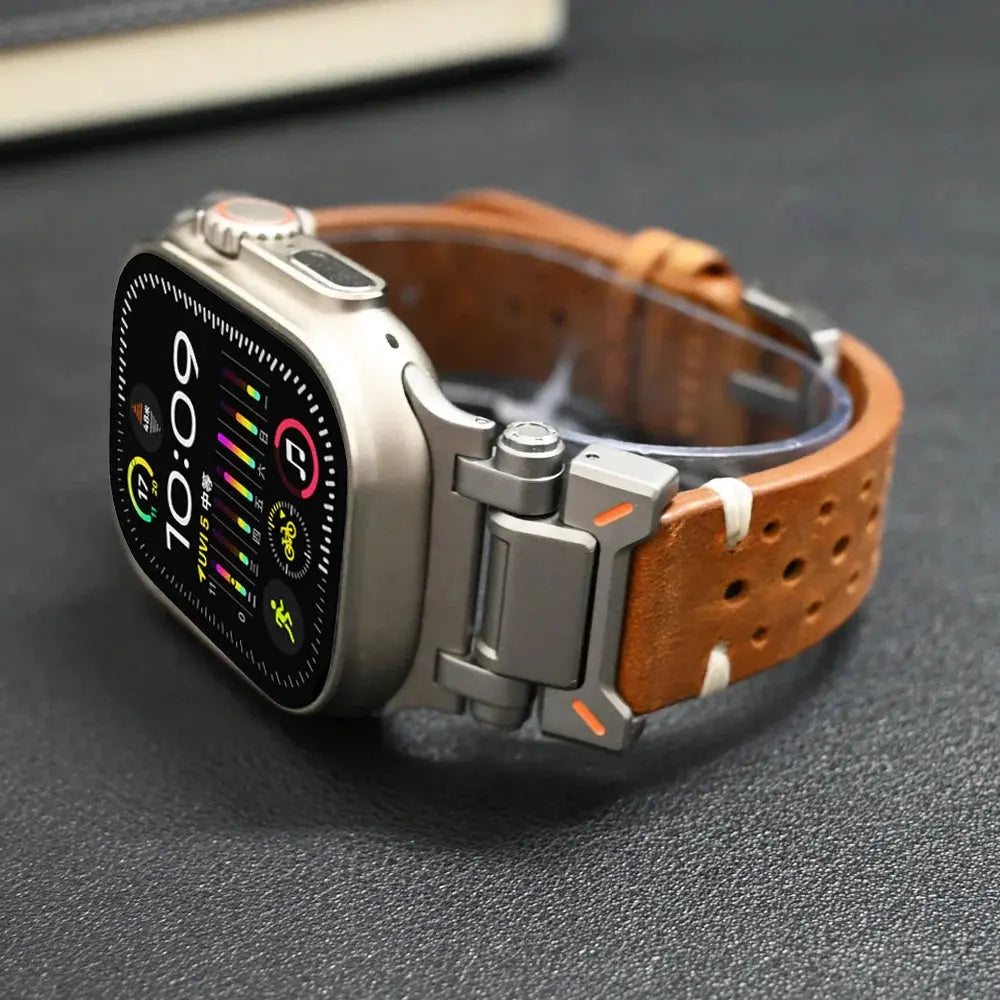 Stylish Armor Designed Leather Band for Apple Watch with metal connectors and breathable holes.