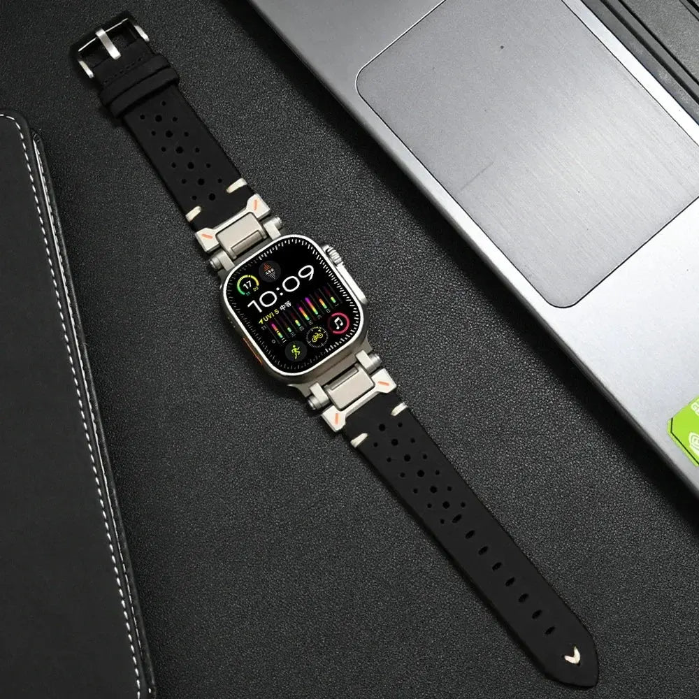 Armor Designed Leather Band for Apple Watch, featuring sleek metal connectors and breathable holes, ideal for comfort and style.
