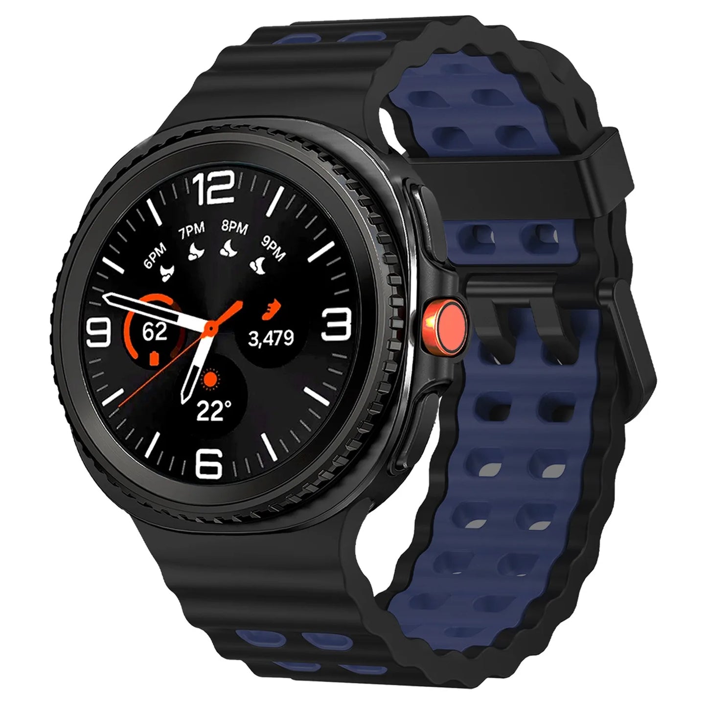 Silicone Breathable Sport Band for Samsung Galaxy Watch 8/Classic 46mm displayed on a smartwatch.