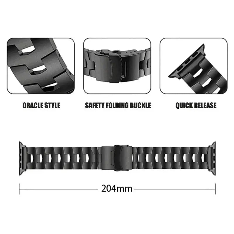 Bold Titanium Bracelet with Oracle style, safety folding buckle, quick release feature, measuring 204mm for a secure fit.