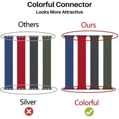 Comparison of colorful connectors for Apple Watch bands, highlighting the vibrant colors of our braided elastic bands.