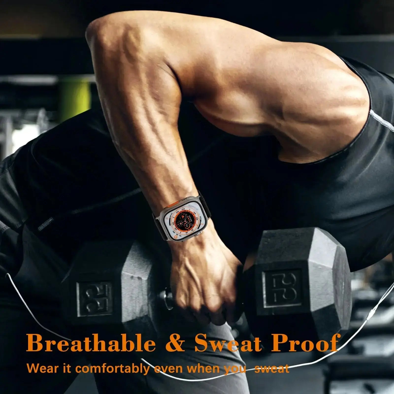 Nylon elastic strap with titanium buckle worn during workout; breathable and sweat-proof design for comfort.