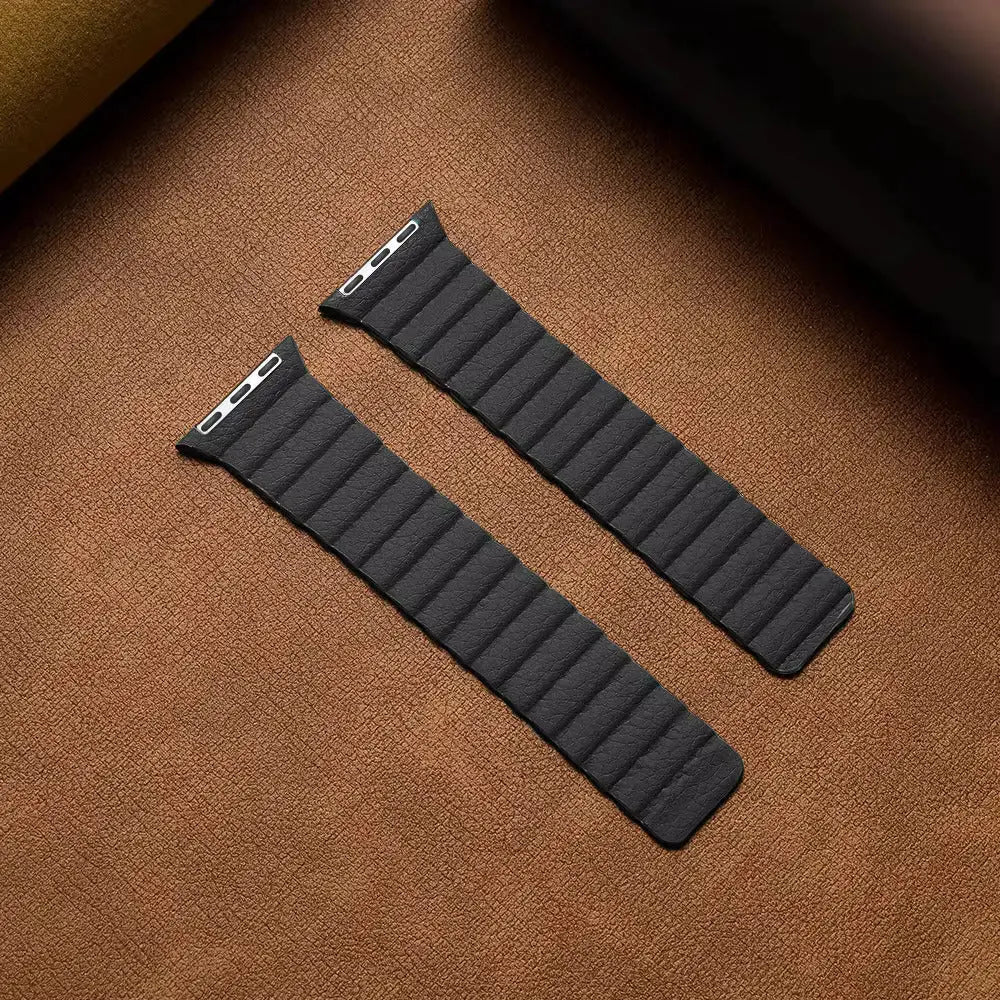 Adjustable leather Apple watch band with two-way magnetic closure for a comfortable and secure fit.