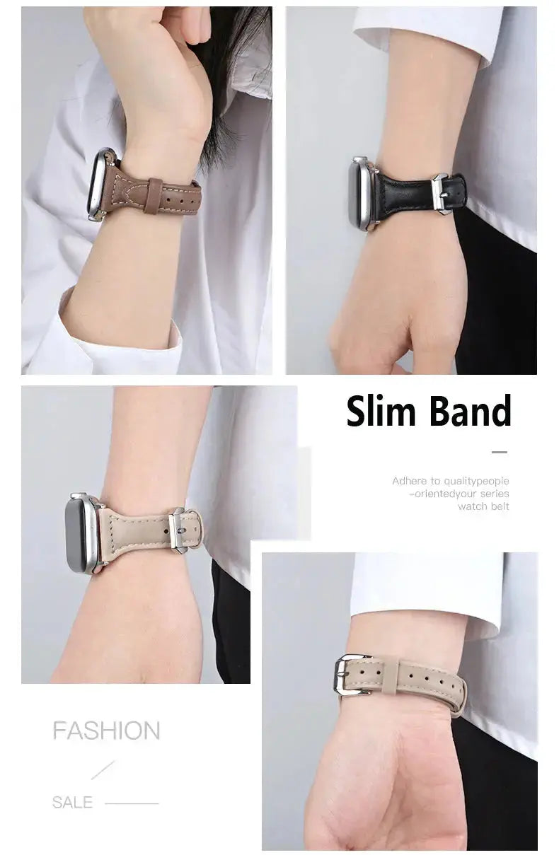 Slim leather bands for Apple Watch displayed on wrists in brown, black, and beige, highlighting stylish design and comfort.