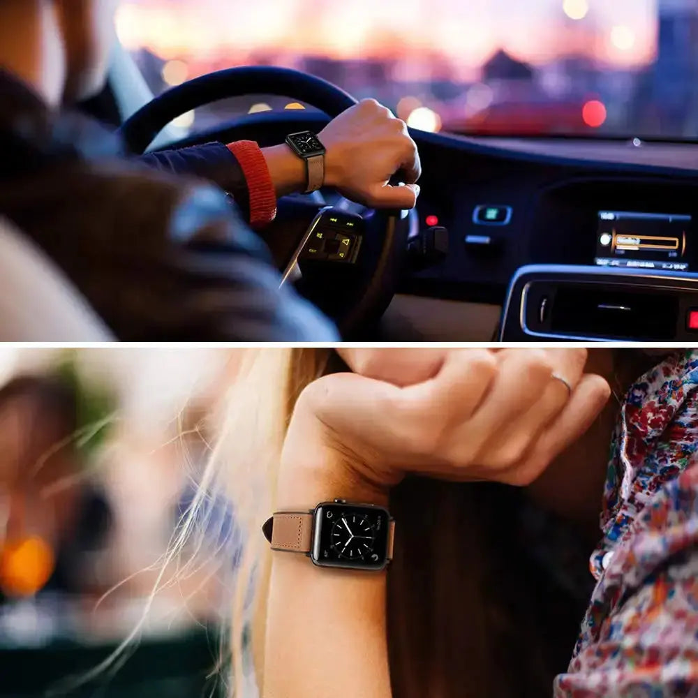 Stylish Classy Leather and Silicon Hybrid Band showcased on a wrist while driving and relaxing.