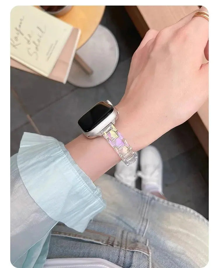 Clear Slim Acrylic Apple Watch Bracelet on wrist, showcasing a modern and elegant design with a secure folding clasp.