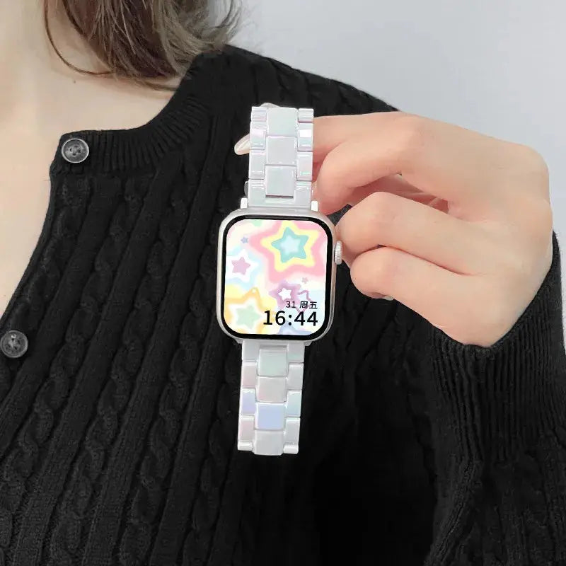 Clear Slim Acrylic Apple Watch Bracelet showcased on wrist, featuring a polished transparent design and modern elegance.