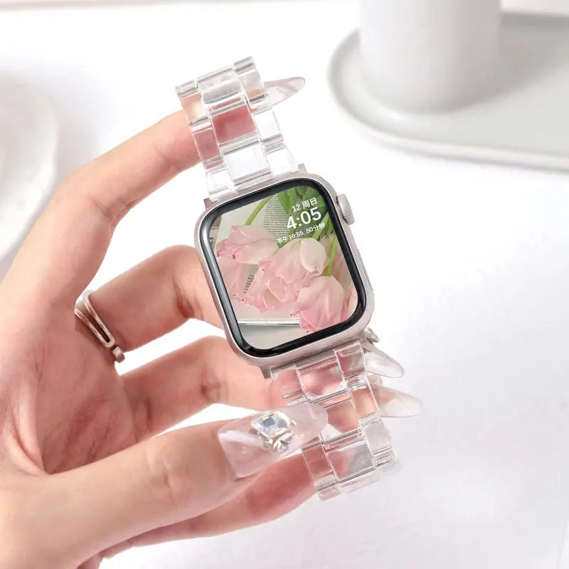 Clear Slim Acrylic Apple Watch Bracelet featuring a transparent design, elegant folding clasp, and perfect for daily wear.