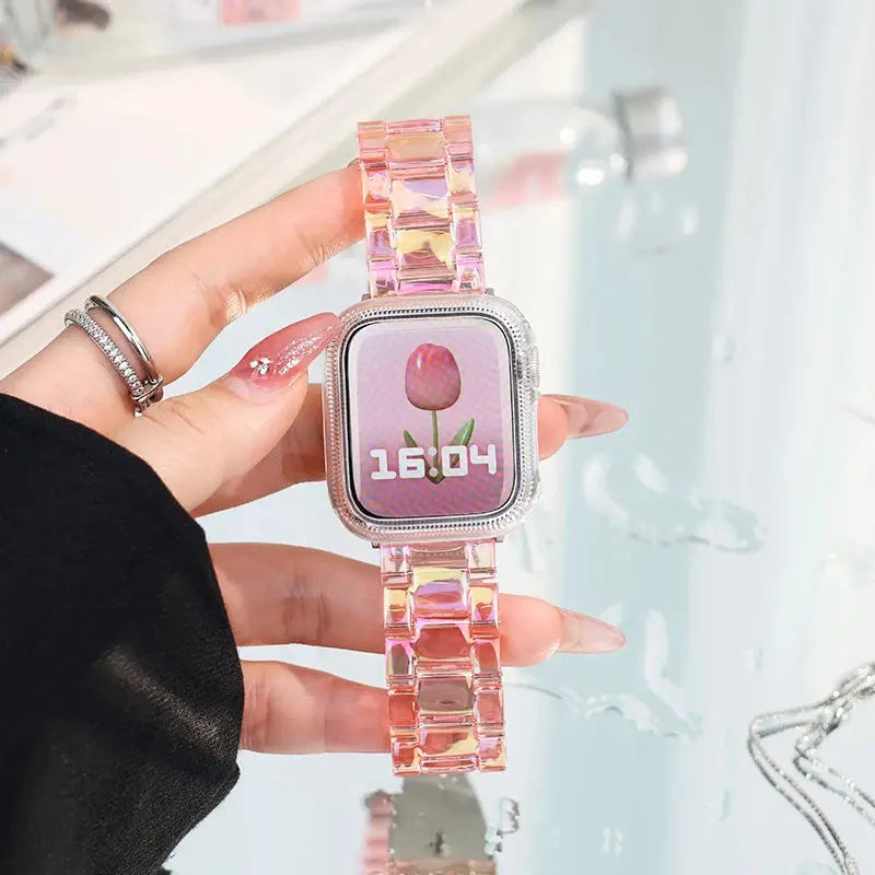 Clear Slim Acrylic Apple Watch Bracelet with modern design and colorful stone pattern, perfect for stylish everyday wear.