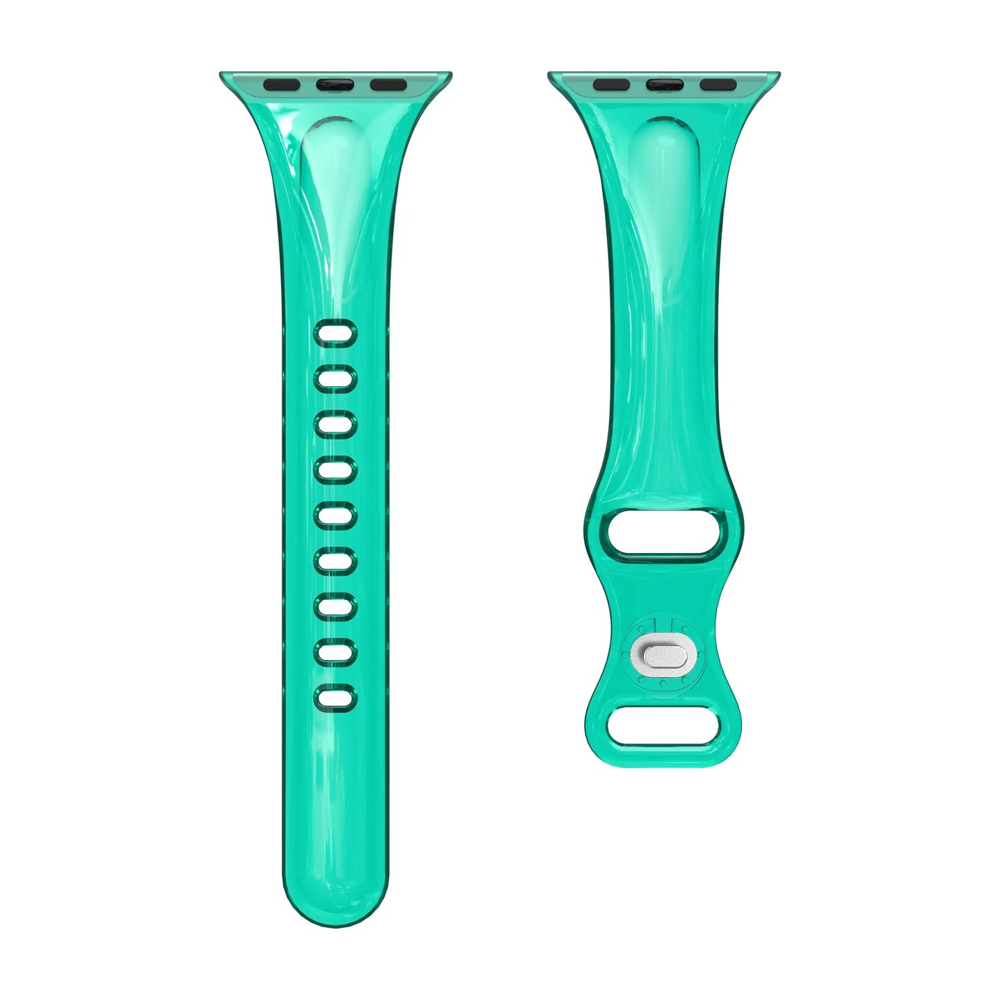 Clear slim silicone sport band for Apple Watch in turquoise color, lightweight and comfortable for daily wear and workouts.