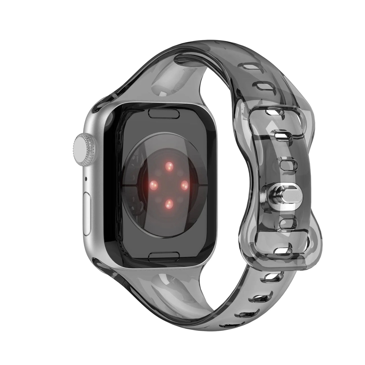 Clear slim silicone sport band for Apple Watch, showcasing a transparent and lightweight design.