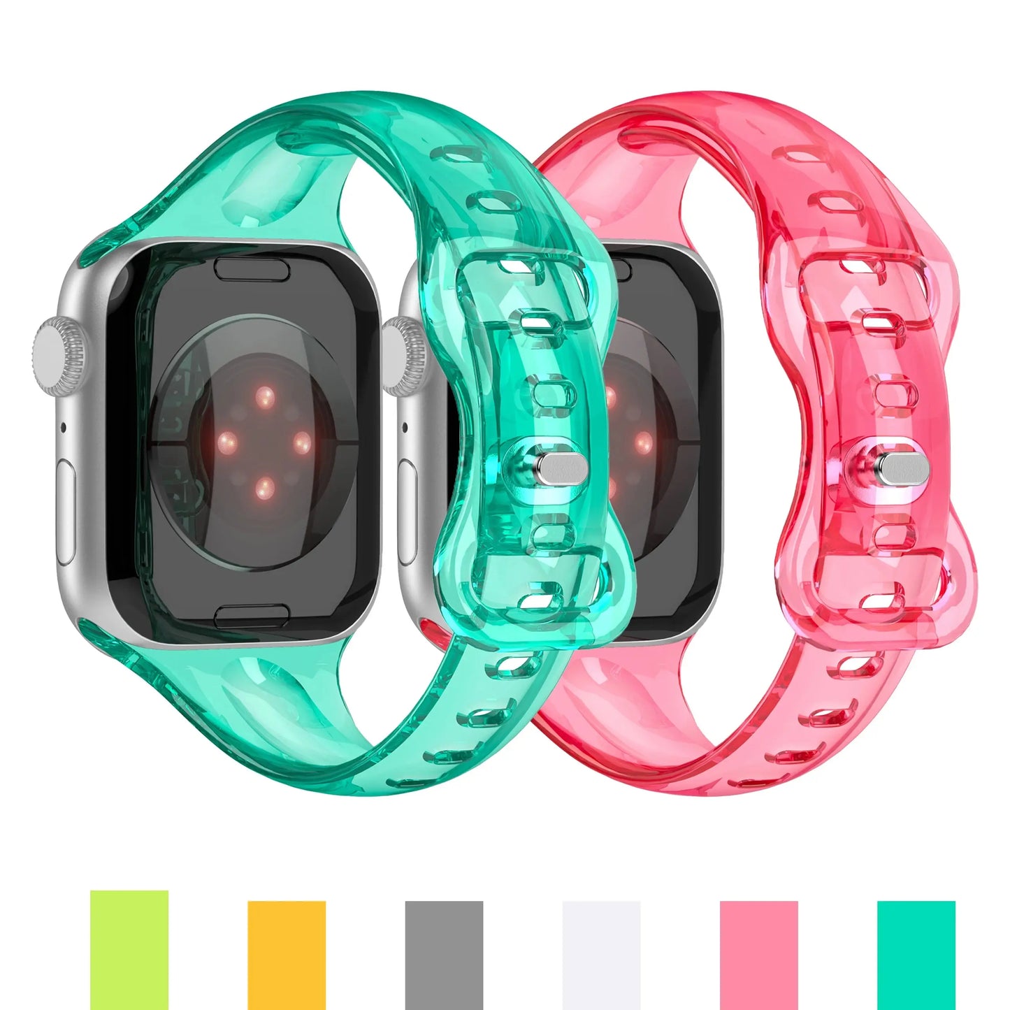 Clear silicone sport bands for Apple Watch in green and pink, perfect for daily wear and workouts.
