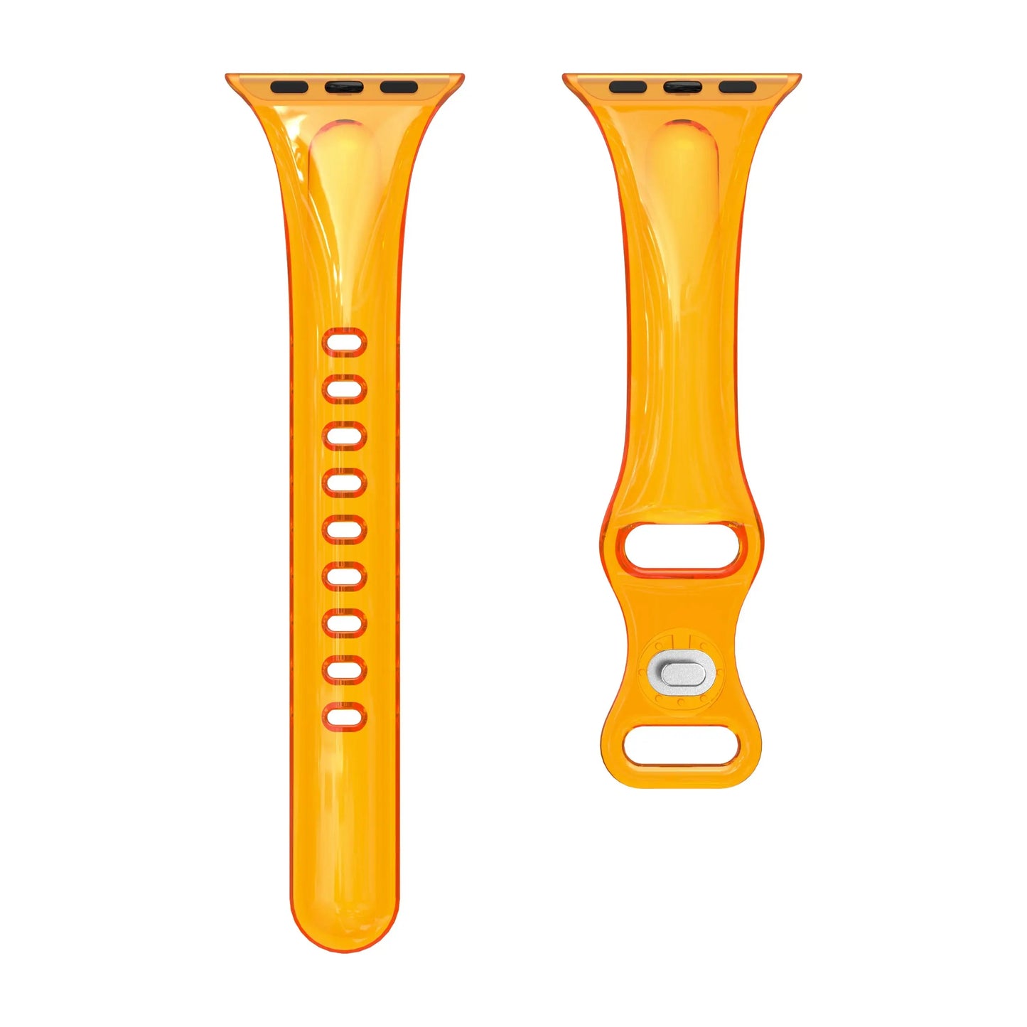 Clear slim silicone sport band for Apple Watch in bright orange, ideal for workouts and daily wear.