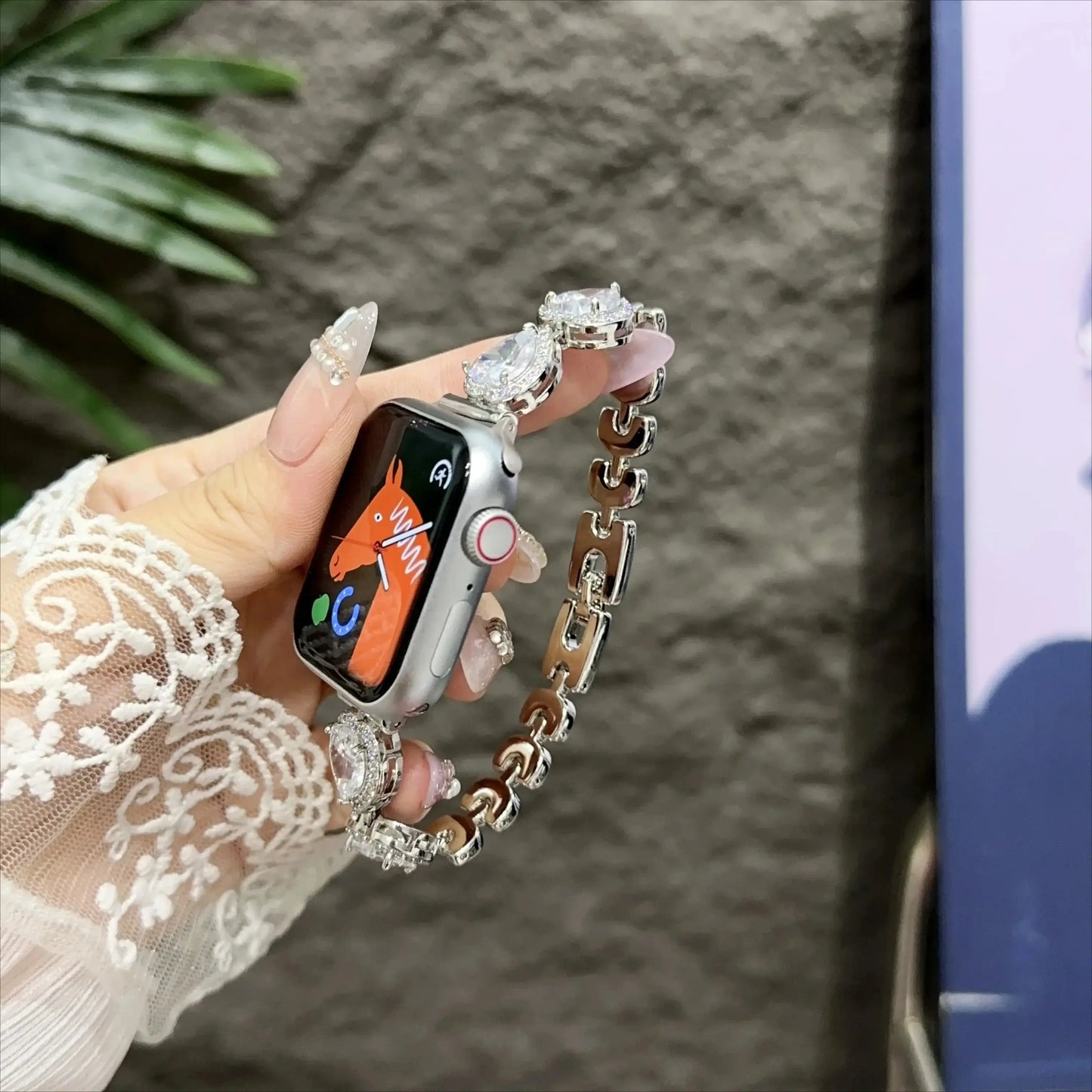 Contessa Slim Diamond Apple Watch Band for Women – Elegant Bracelet displaying a sparkling design and luxury on a wrist.