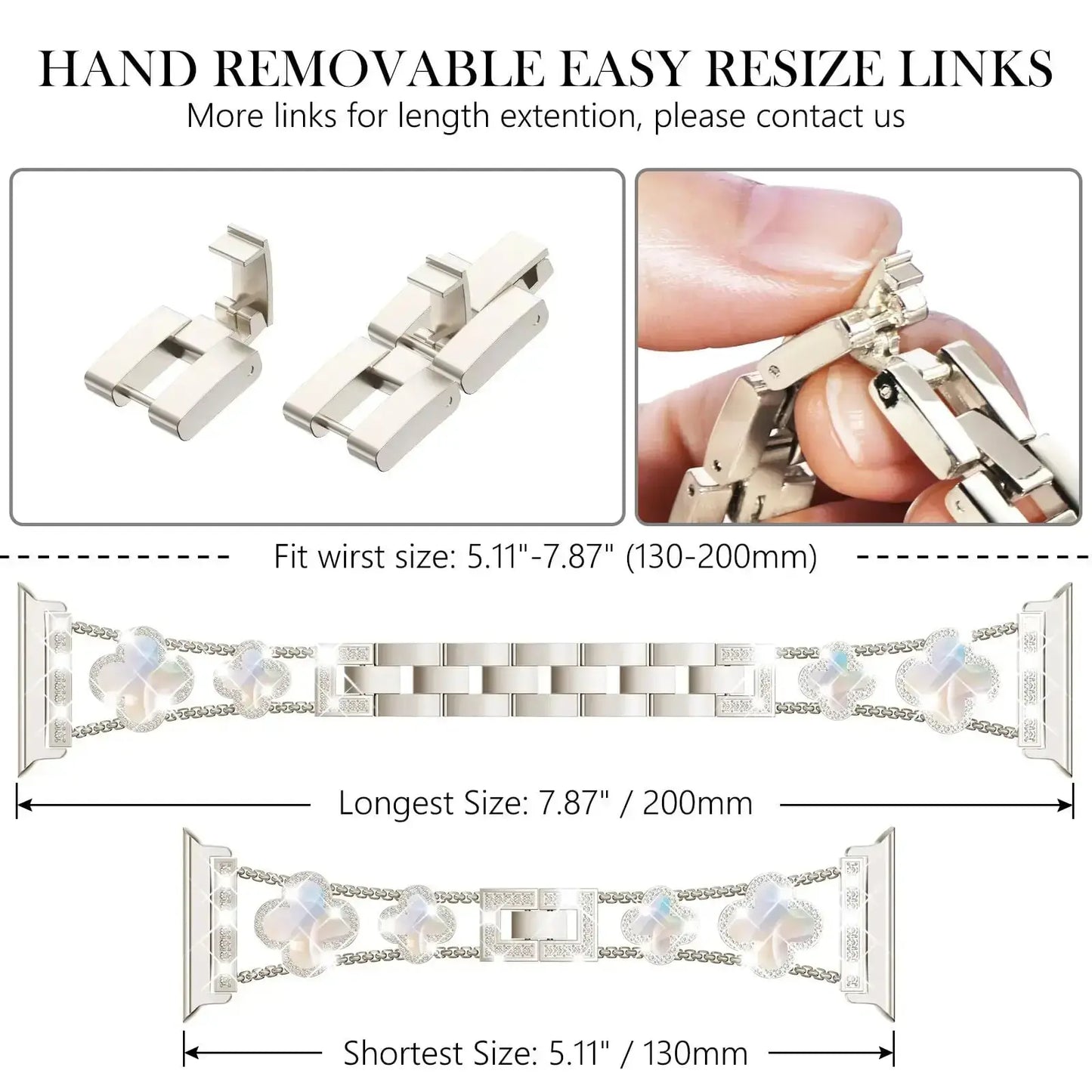 Adjustable Cristina Bracelet links, fit wrist sizes 5.11"-7.87", easy removable for customizable length.