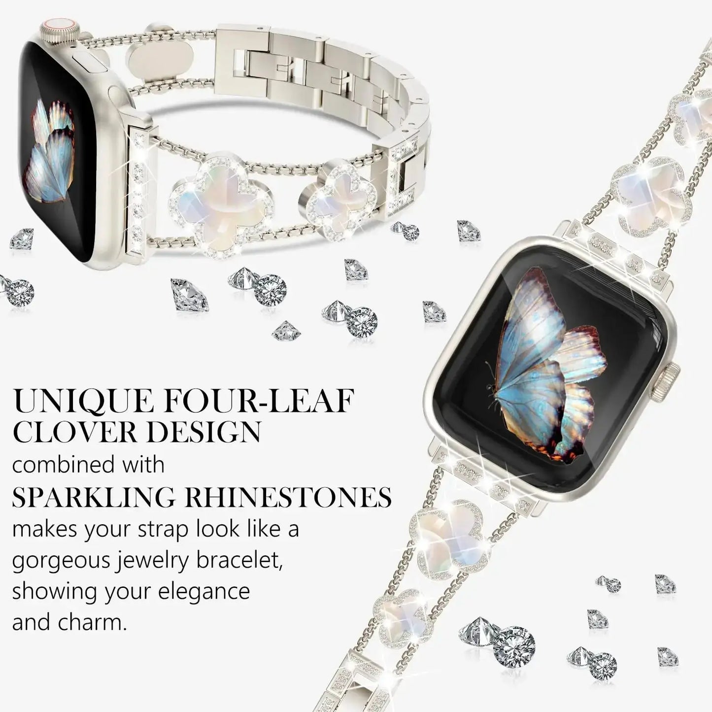 Gorgeous four-leaf clover bracelet for Apple Watch with sparkling rhinestones showcasing elegance and charm.