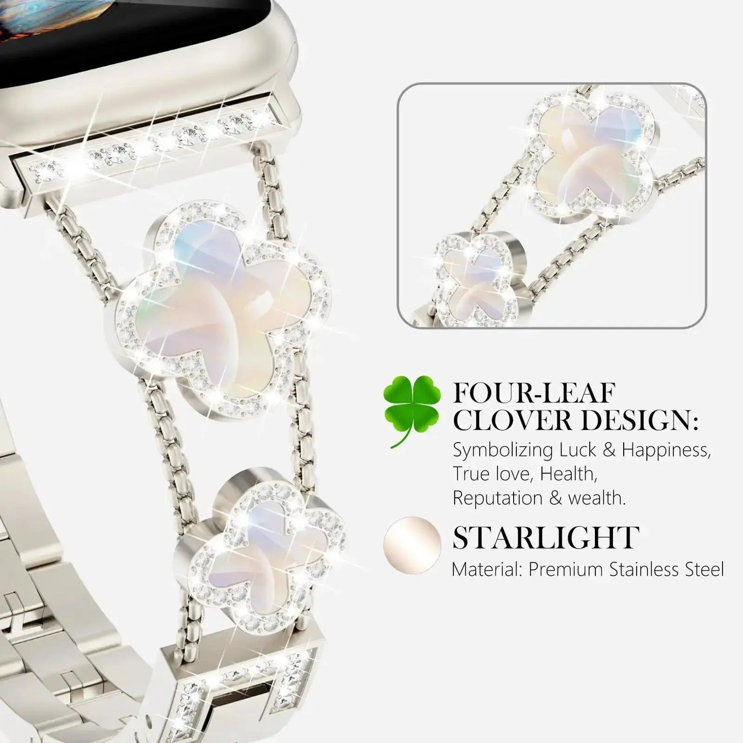 Cristina bracelet features a four-leaf clover design with rhinestones, made of premium stainless steel for Apple Watch elegance.