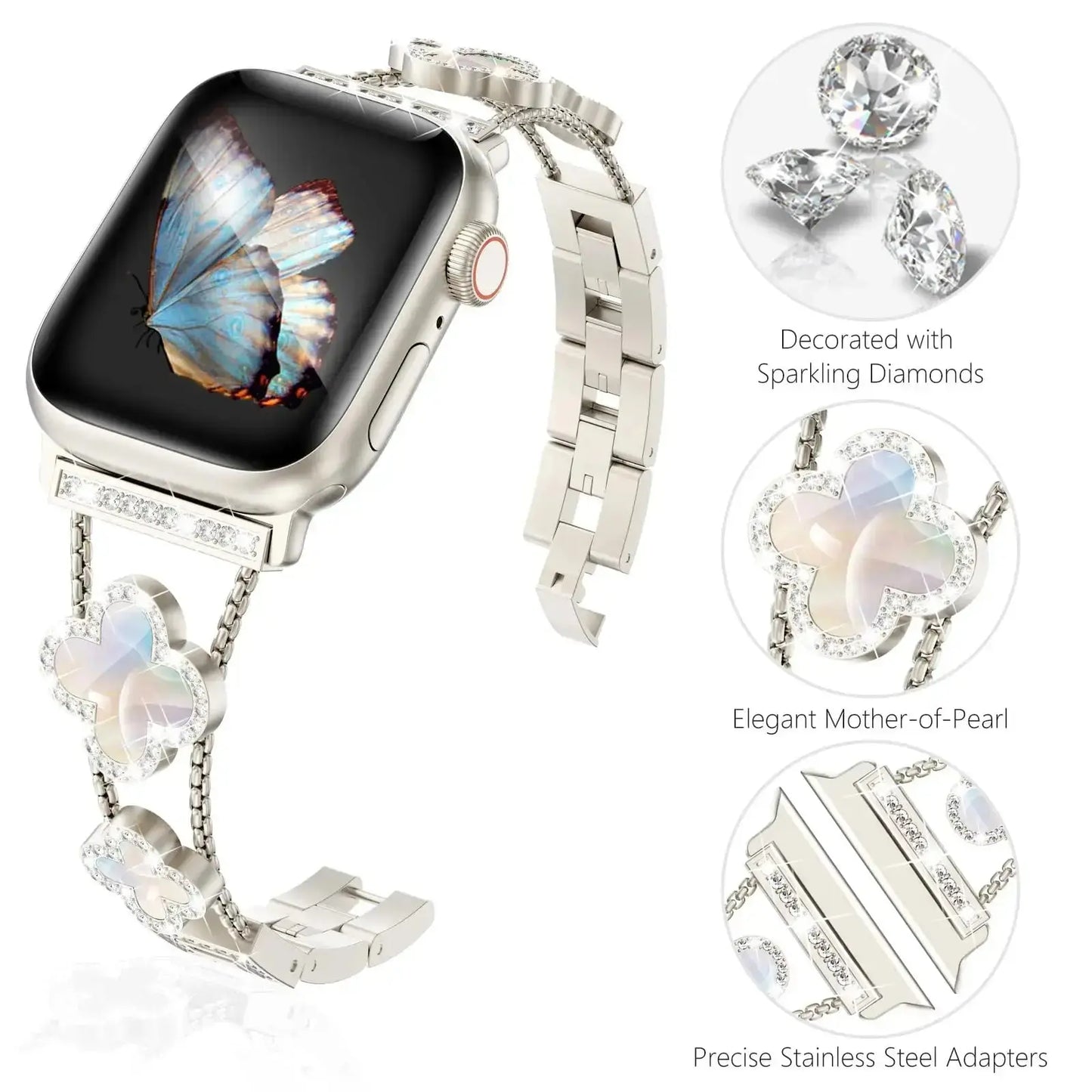 Cristina bracelet for Apple Watch featuring sparkling diamonds, elegant mother-of-pearl, and adjustable stainless steel design.