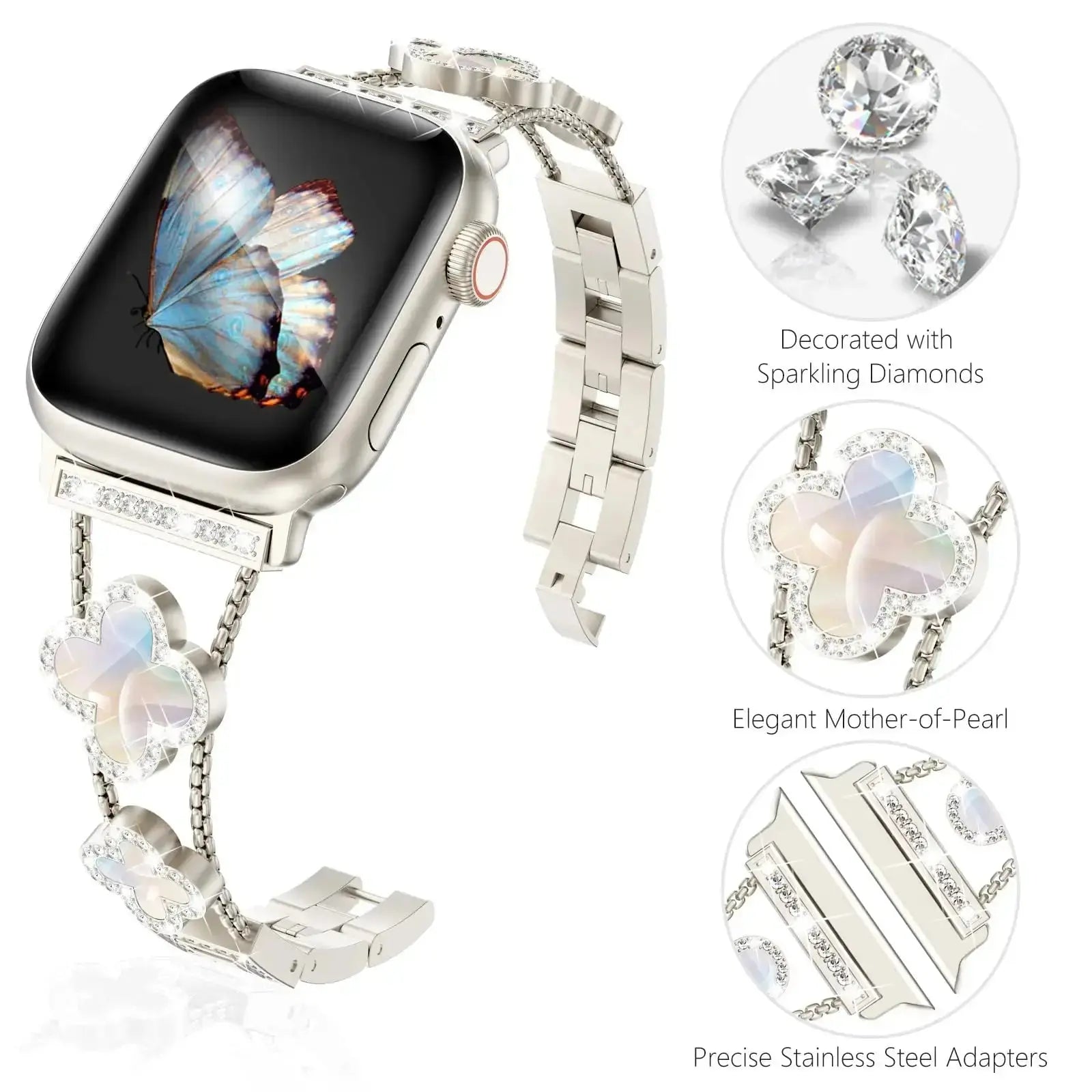 Cristina bracelet for Apple Watch featuring sparkling diamonds, elegant mother-of-pearl, and adjustable stainless steel design.