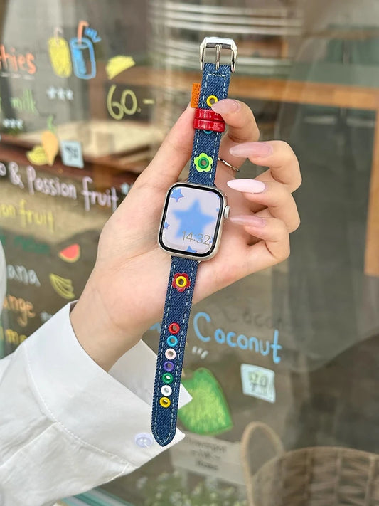 Cute Denim & Leather Apple Watch Band for Women (38–49mm)