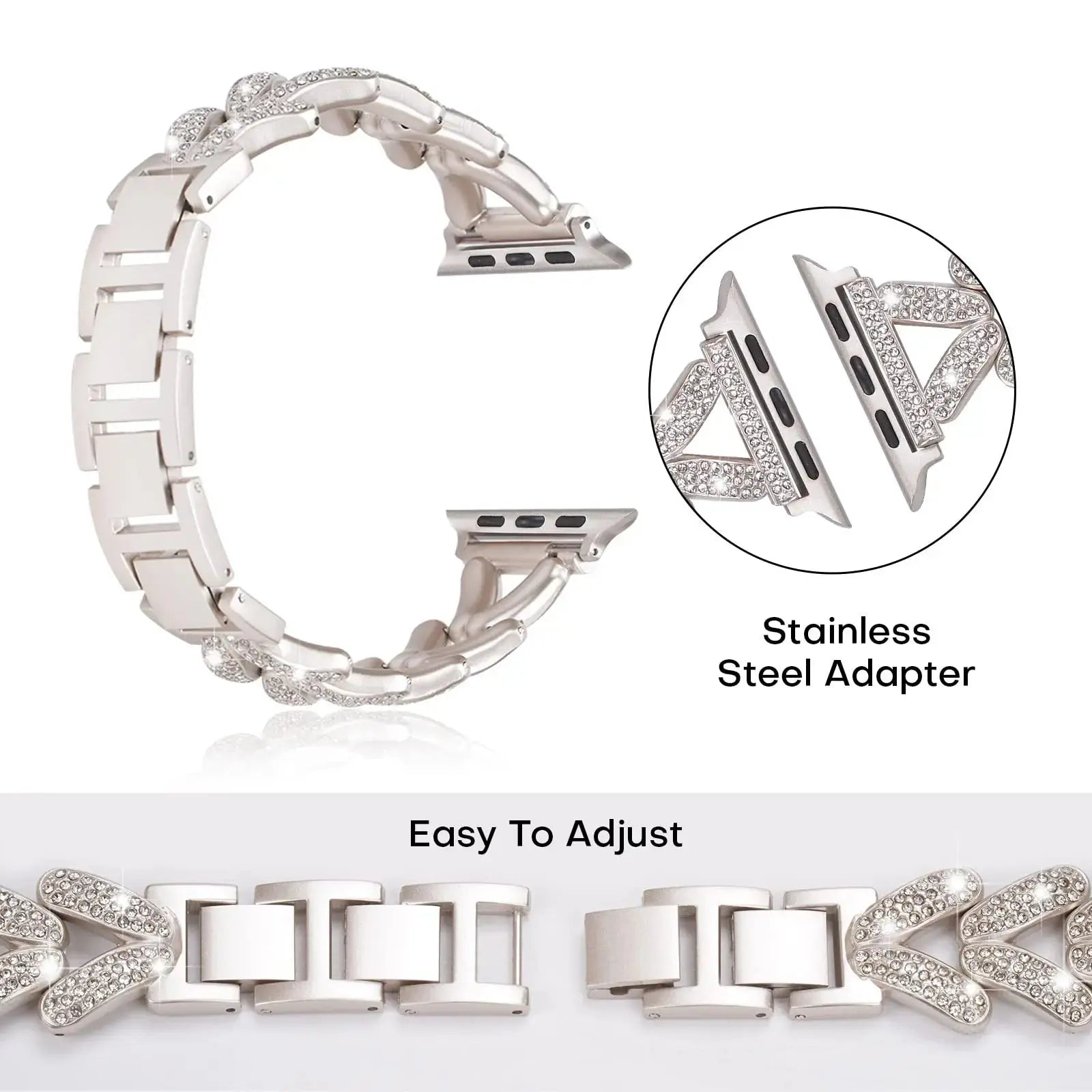 Dizza jewelry bracelet for Apple Watch showing stainless steel adapter and adjustable design with rhinestones.