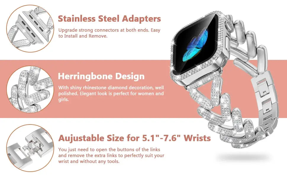 Dizza Jewelry Bracelet for Apple Watch with rhinestone accents, adjustable stainless steel design for 5.1-7.6 inch wrists.