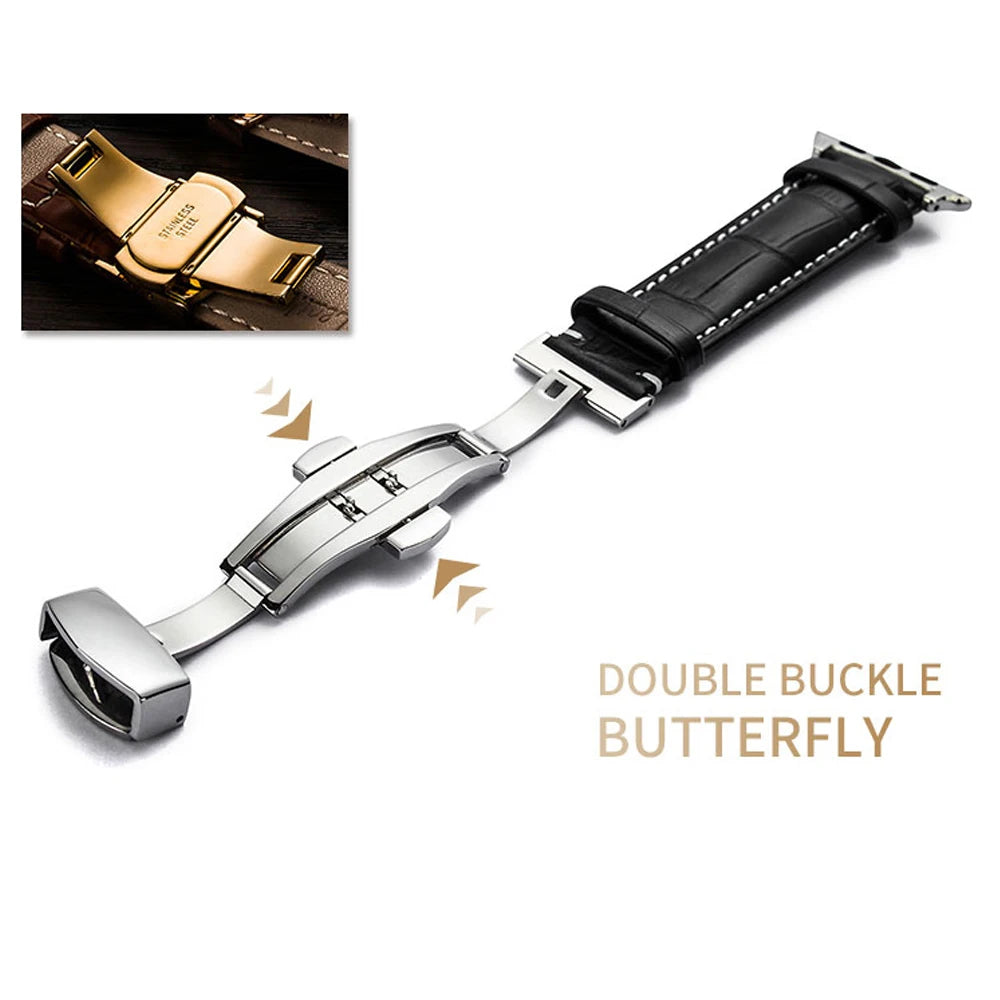 Luxury Crocodile Texture Leather Band for Apple Watch with double buckle butterfly clasp design.