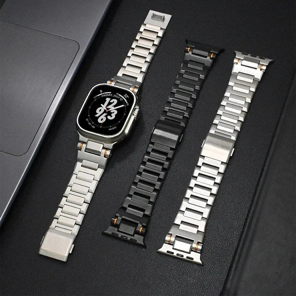 Cowboy Masculine Metal Band for Apple Watch shown in silver and black, crafted from premium stainless steel for durability.