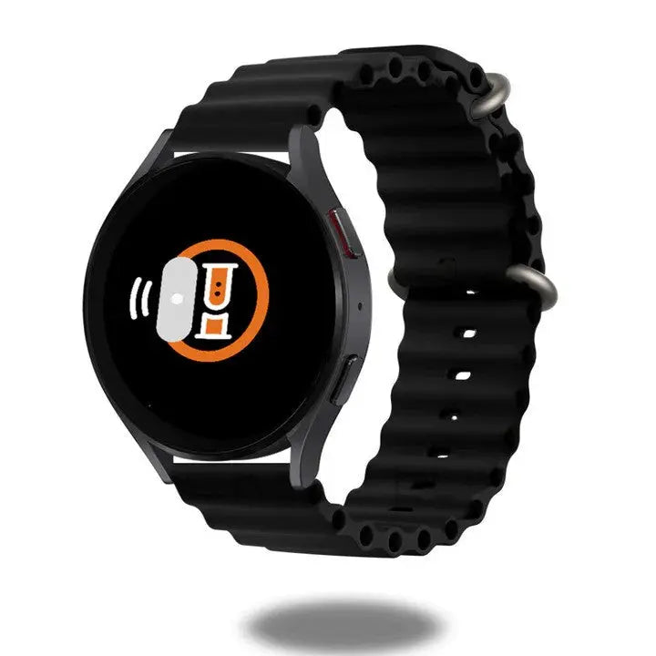 Black Samsung Ocean Band smartwatch with a modern design and unique logo, perfect for fitness and style.