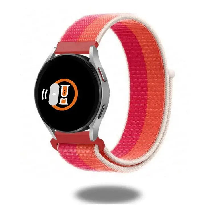 Nectarine Samsung Nylon Band on smartwatch, featuring vibrant pink and orange colors for a stylish, comfortable fit.