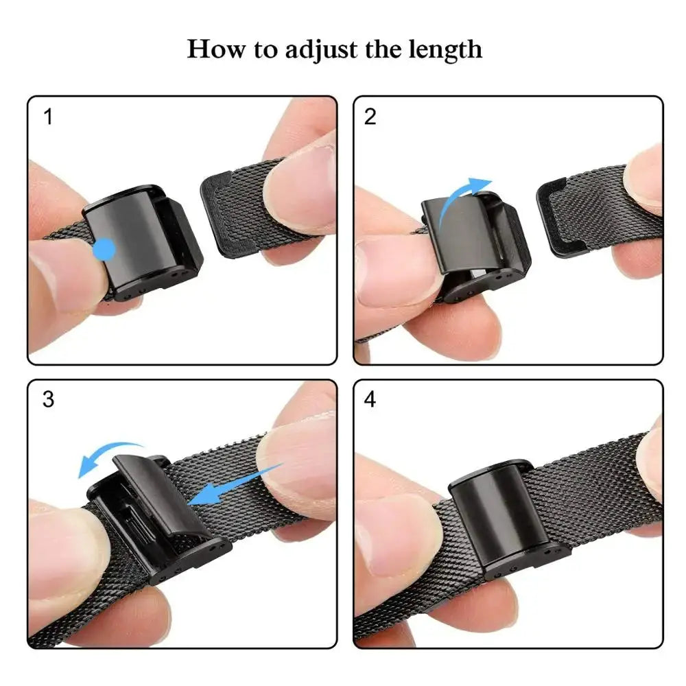 Steps to adjust length of Slim Milanese Loop wristband, ensuring a secure and personalized fit for iWatch.