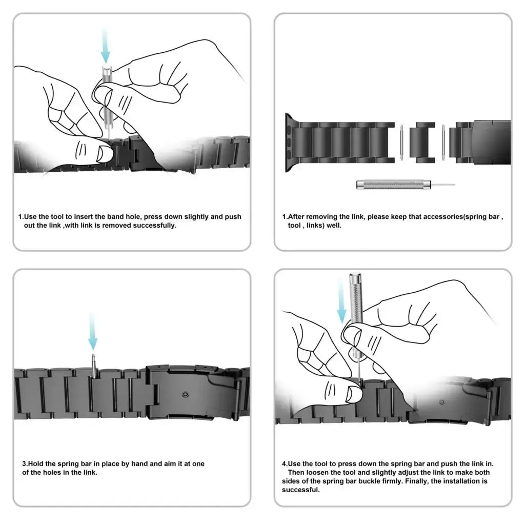 Instructions for installing the titanium link bracelet on an Apple Watch, showcasing the assembly process step-by-step.