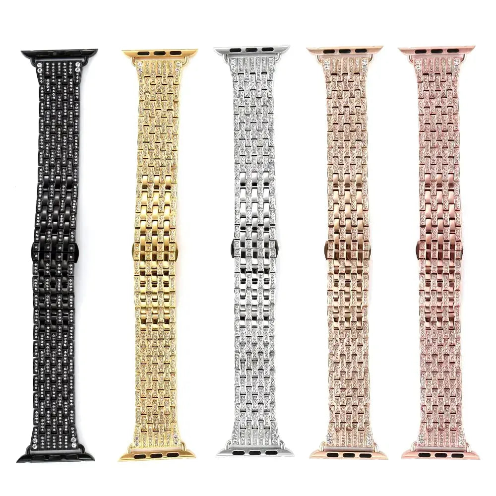 Luxury jewelry bracelet bands in black, gold, silver, and rose gold, compatible with Apple Watch, adjustable for 9-inch wrists.