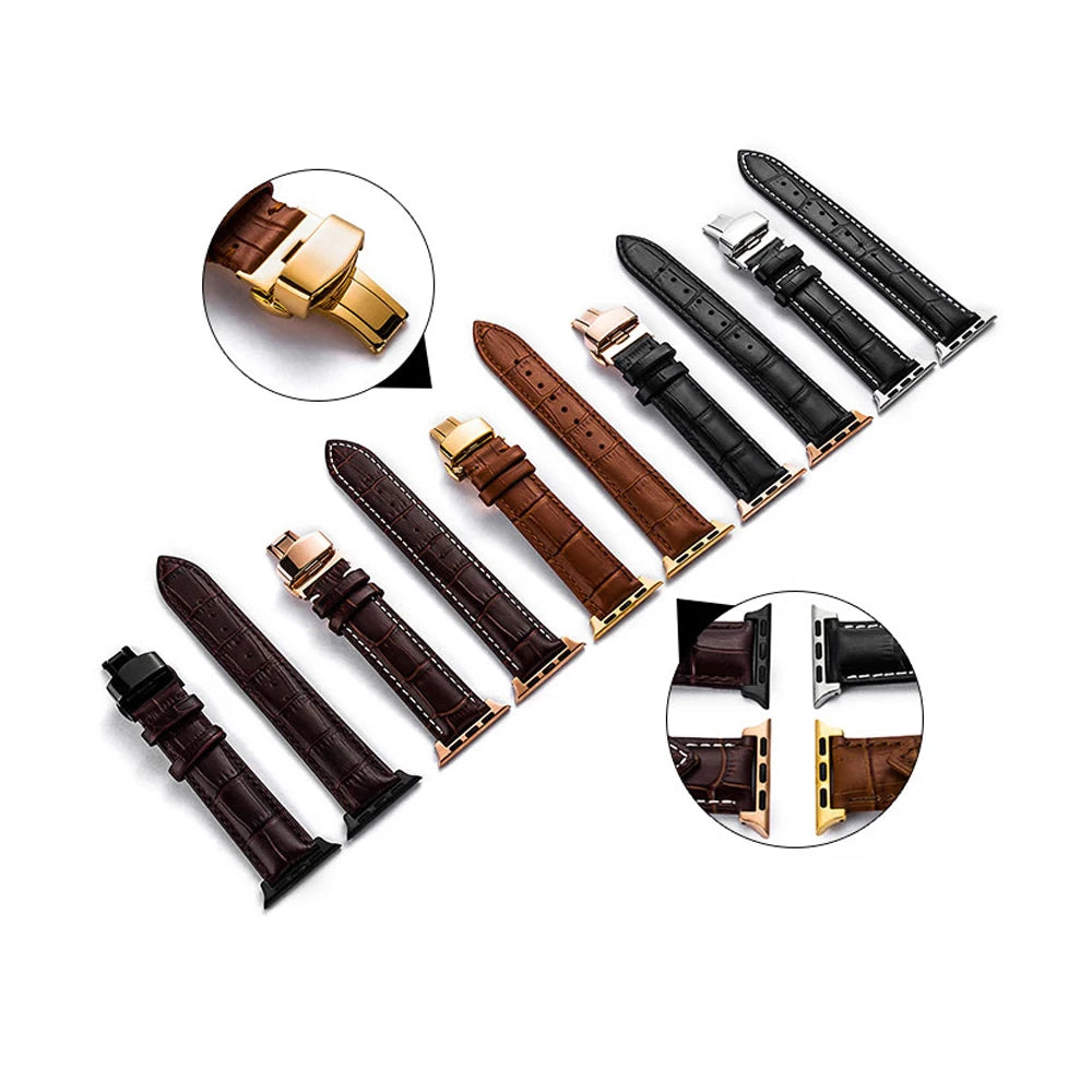 Luxury Crocodile Texture Leather Band for Apple Watch collection with various colors and styles displayed.