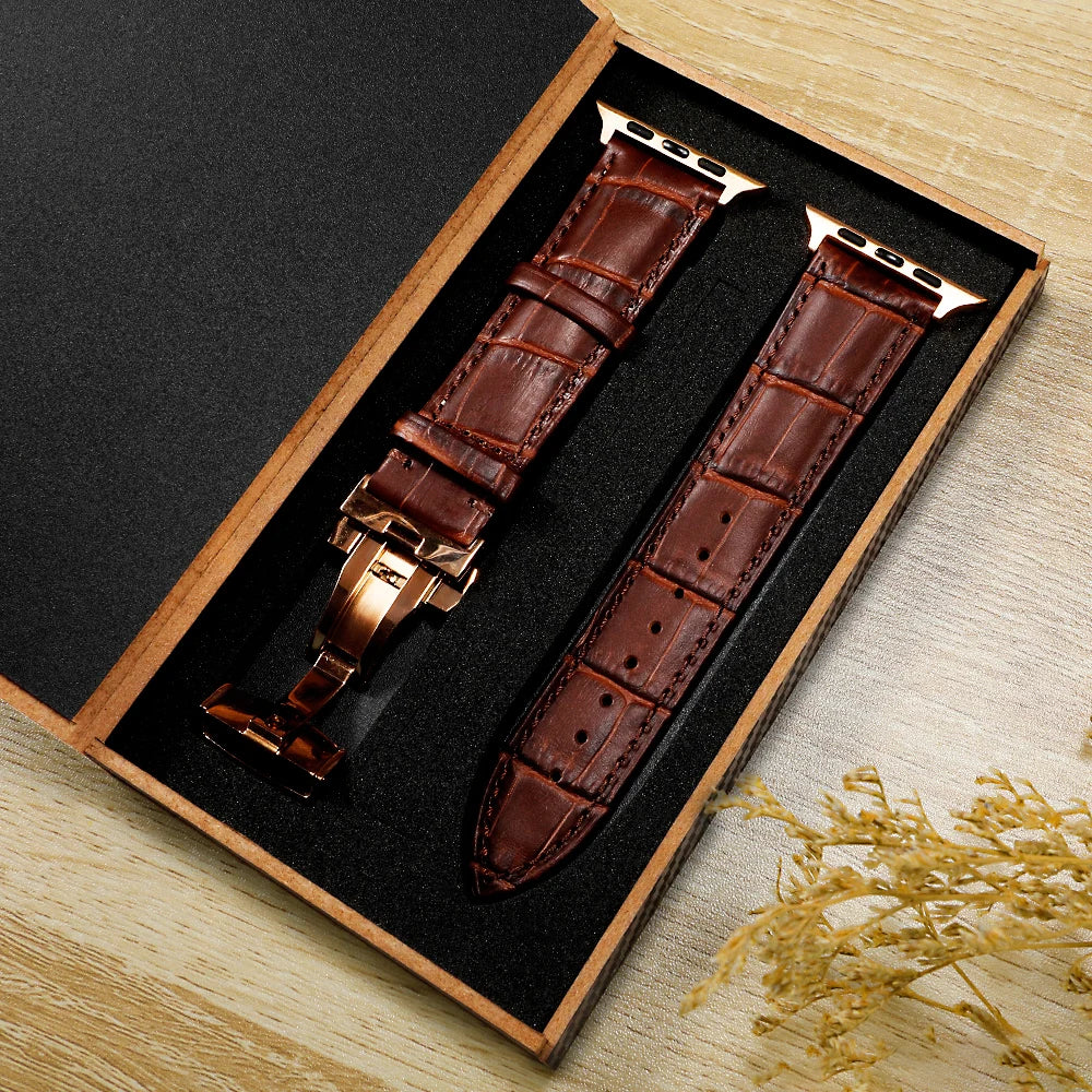 Luxury Crocodile Texture Leather Band for Apple Watch displayed in a stylish box with a polished buckle.
