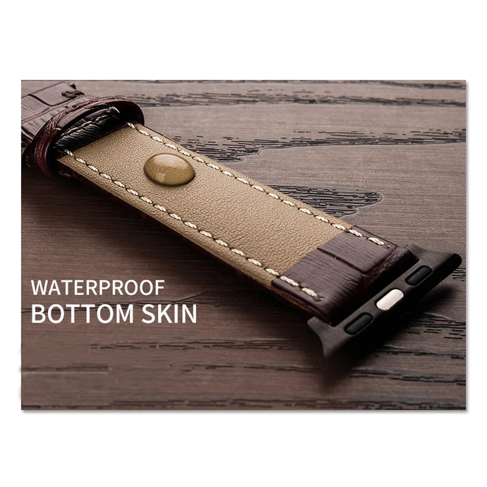 Luxury Crocodile Texture Leather Band for Apple Watch with waterproof bottom skin and detailed stitching.