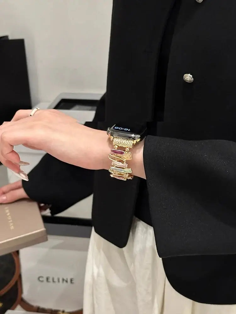 Luxury Elastic Metal Bracelet Band for Apple Watch Women worn by a model with a stylish outfit.