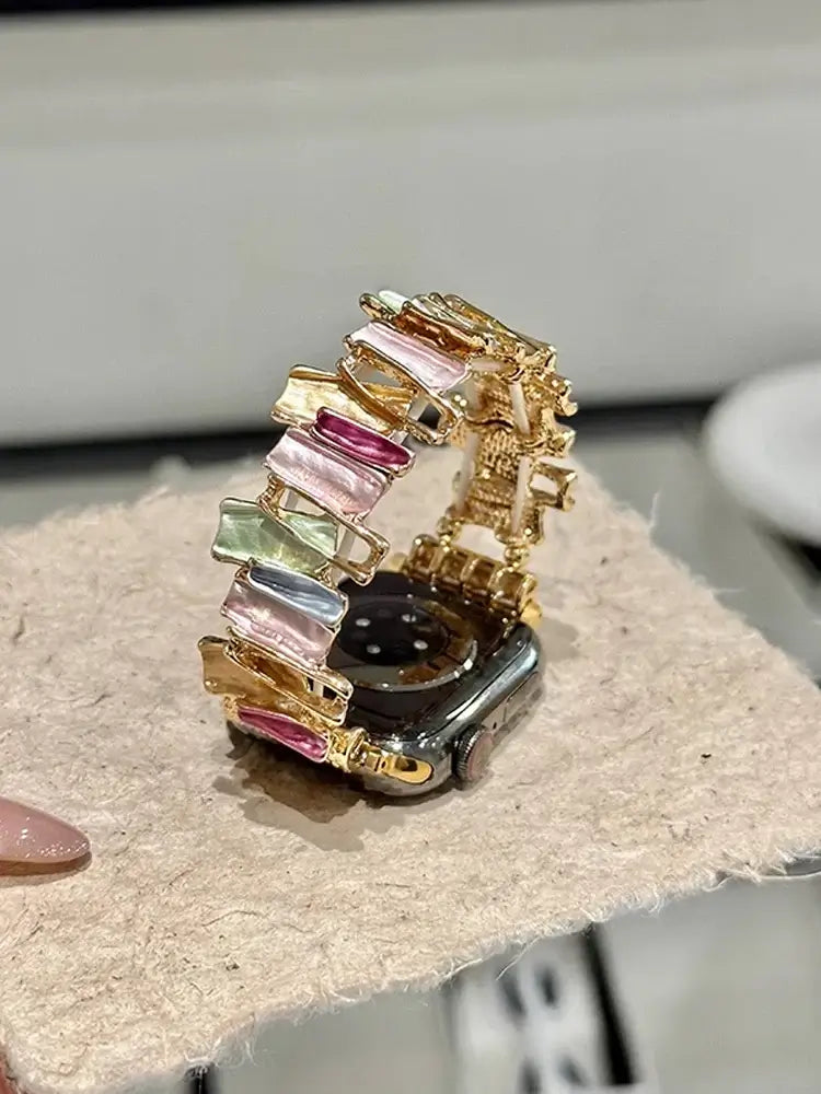 Luxury Elastic Metal Bracelet Band for Apple Watch Women with colorful gemstone-like accents