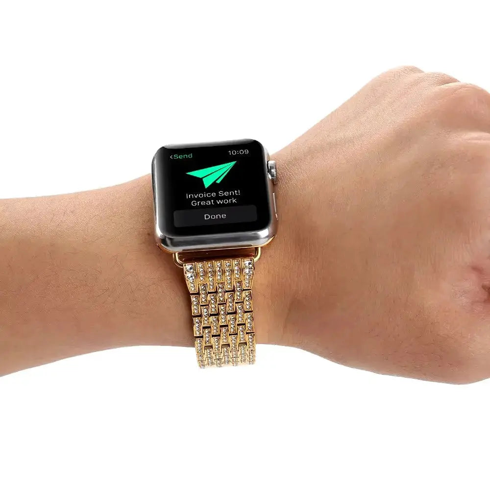Luxury jewelry bracelet with CZ stones on wrist, compatible with Apple Watch Ultra and Series models.