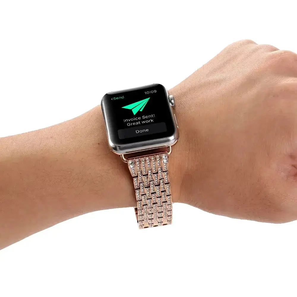 Luxury jewelry bracelet in rose gold with CZ VS1 stones, perfectly fits Apple Watch models up to 9 inches.