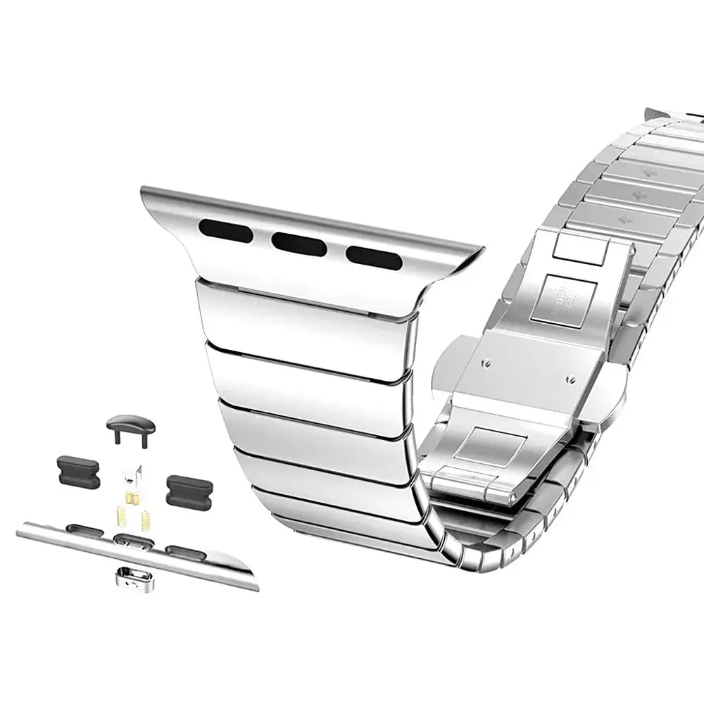 Luxury Link Bracelet for Apple Watch, featuring stainless steel design and detachable clasp components.