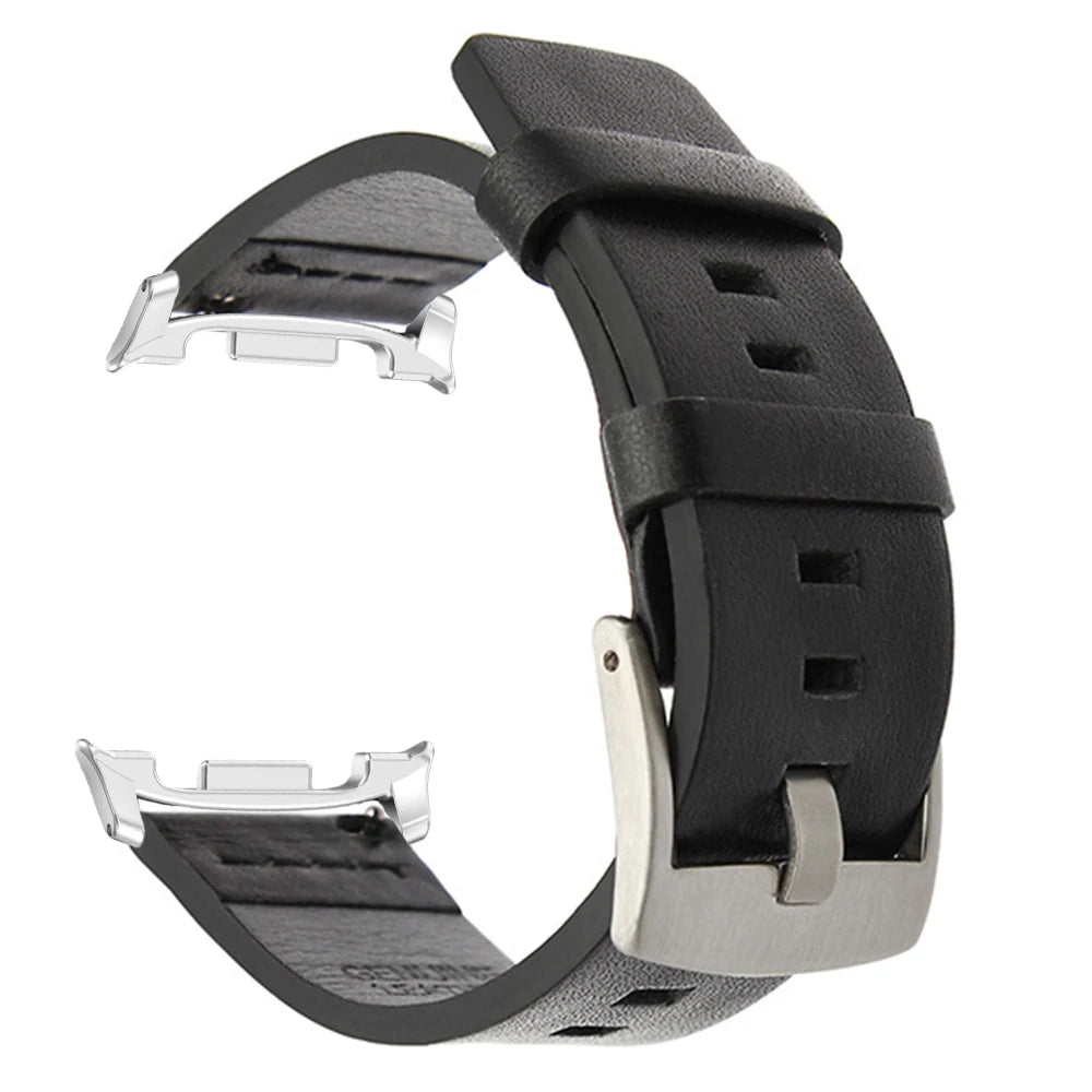 Luxury Leather Bracelet for Samsung Galaxy Watch 8 & Ultra 47mm in black leather with silver buckle.
