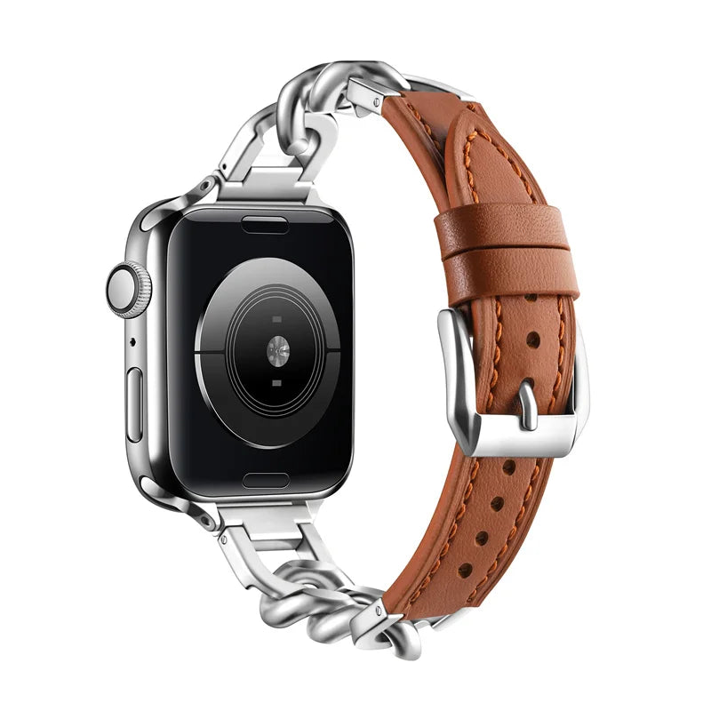 Luxury Leather & Steel Chain Band for Apple Watch 38–49mm