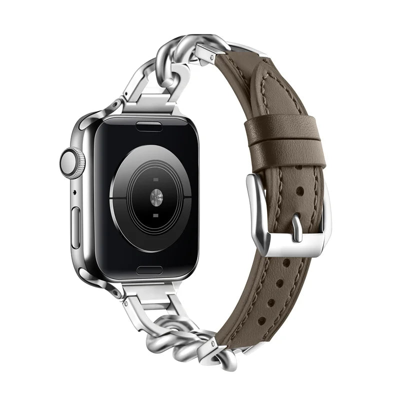 Luxury Leather & Steel Chain Band for Apple Watch 38–49mm