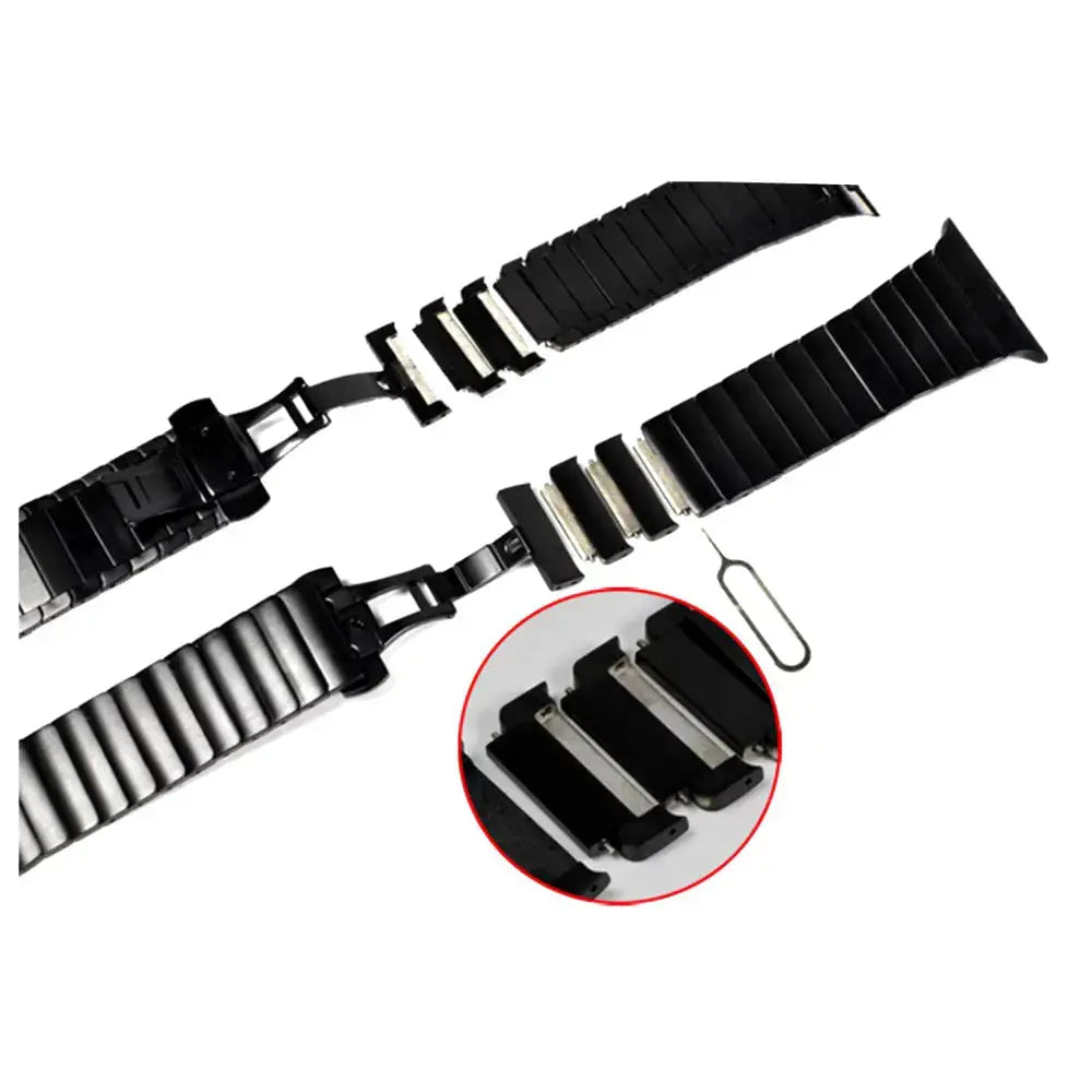 Luxury Link Bracelet showing detachable links and butterfly clasp for Apple Watch, with tools for easy adjustment.