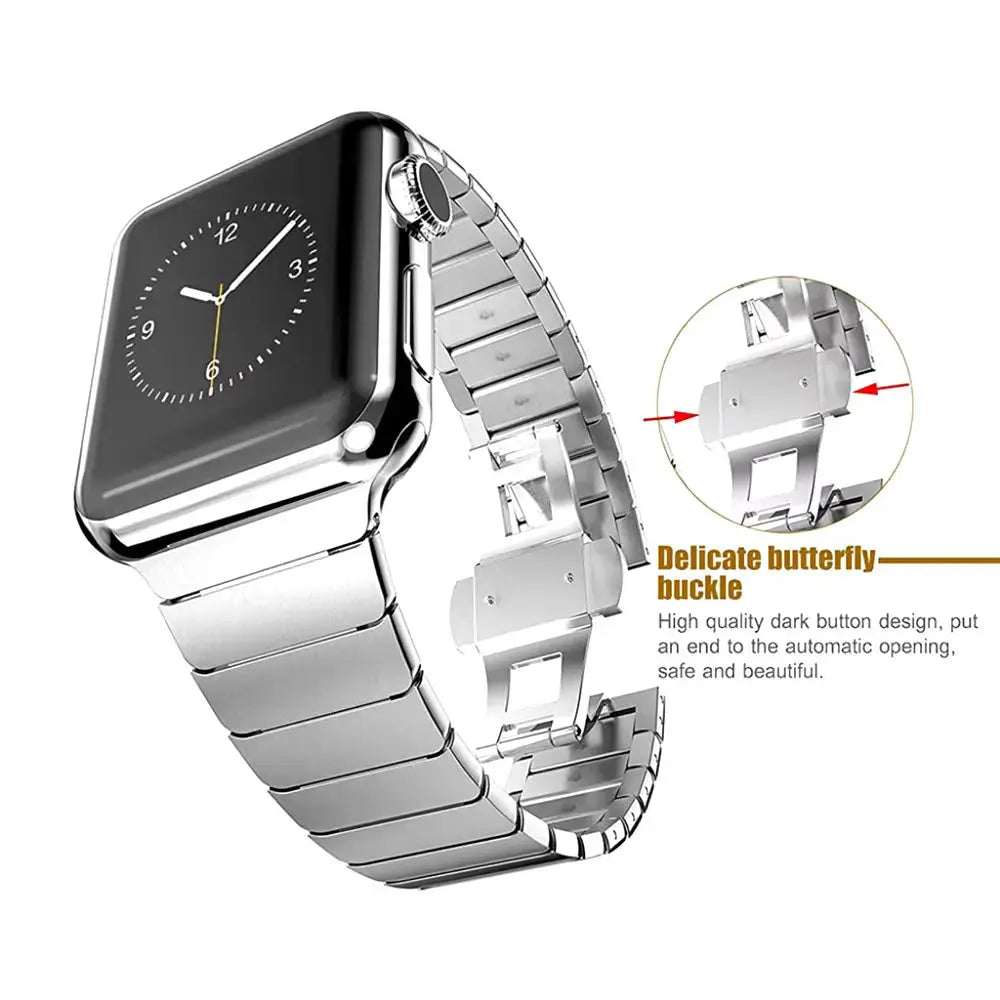 Luxury Link Bracelet for Apple Watch featuring a delicate butterfly clasp and high-quality stainless steel design.