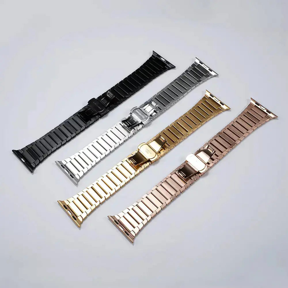 Luxury Link Bracelet for Apple Watch in black, silver, gold, and rose gold colors with butterfly clasp design.