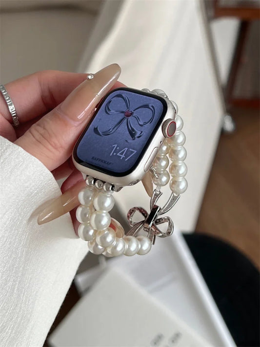 Luxury Pearl & Diamond Bow Apple Watch Band (38–49mm)