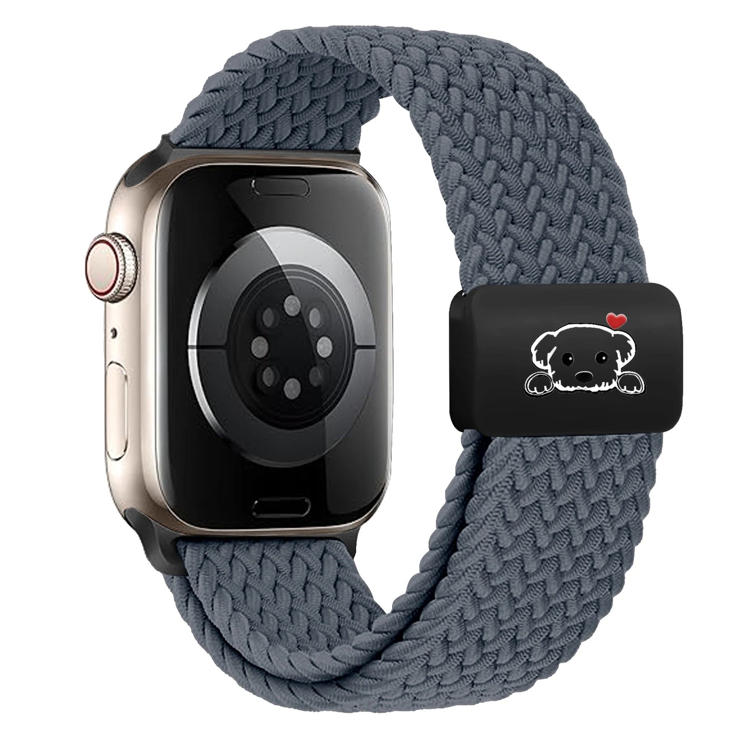 Magnetic Puppy Braided Apple Watch Band 38–49mm Series 1–10 featuring a cute puppy clasp on a stylish braided design.
